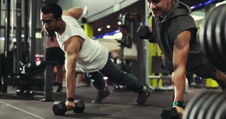 Routine, bodybuilding and men with weights, gym and exercise for wellness or muscle with equipment. Health club, athlete and personal trainer with power for body, fitness or bodybuilder with strength