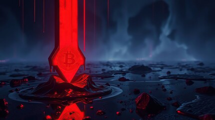 A cyberpunk depiction of a cryptocurrency's potential demise.  A glowing, red sword-like object pierces a digital coin, dripping dark liquid onto a rocky, reflective surface, symbolizing a fall