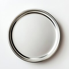 Circular, metallic serving platter.  A round, polished,  silver-toned tray,  simple and elegant, sits  atop a plain white background
