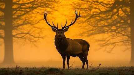 Majestic stag in golden sunrise mist