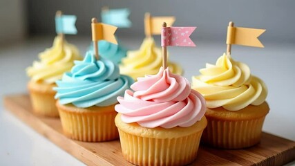 Delicious cupcakes with pastel frosting and decorative flags perfect for a party treat - Powered by Adobe
