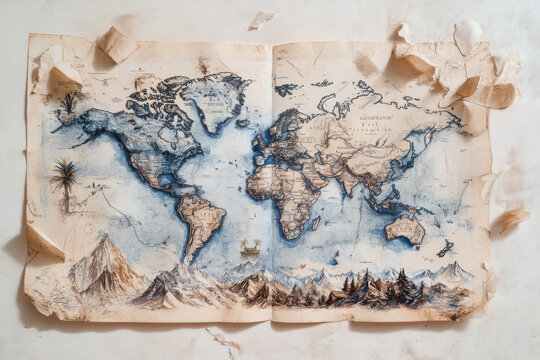 Hand-drawn world map showing oceans, continents, and mountain ranges