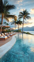 Tropical infinity pool with lounge chairs under palm trees at sunset