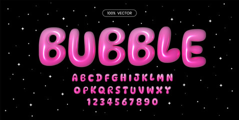 Glossy pink gradient bubble font. Inflated alphabet 3D y2k style colorful  ballon letters and numbers. Vector set