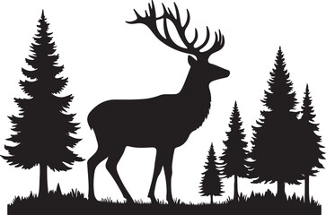 Black silhouette of a deer among evergreen trees