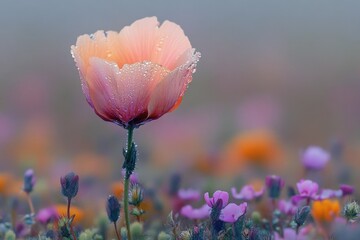 A single, dew-kissed poppy stands tall amidst a field of blurred wildflowers, showcasing its delicate beauty.
