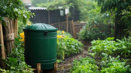 Green Compost Bin in Lush Garden Under Gloomy Weather  