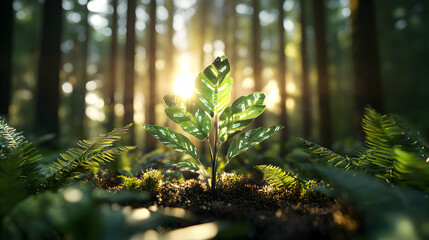 A vibrant digital plant thrives in a sunlit forest representing sustainable innovation and technological growth. Ideal for environmental tech campaigns or future-focused presentations.