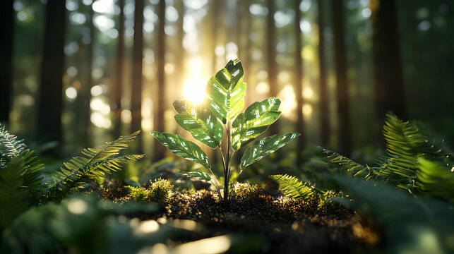 A vibrant digital plant thrives in a sunlit forest representing sustainable innovation and technological growth. Ideal for environmental tech campaigns or future-focused presentations.