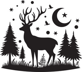 Majestic Stag Deer Silhouette in Night Forest Scene