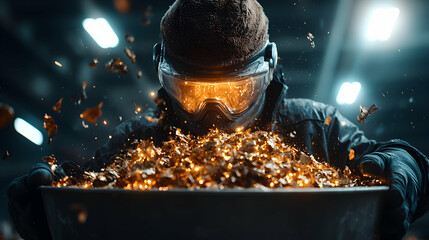 A focused figure in protective gear observes a glowing pile of precious flakes. Ideal for themes of industrial innovation material processing or valuable resource management.