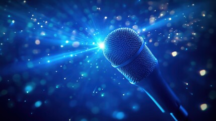 Microphone and audio on a blue background, microphone emits frequency, podcast program recording, interview program, emits sound, music recording, program list