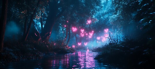 Fototapeta premium A neon rainforest where holographic rain turns into glowing digital mist