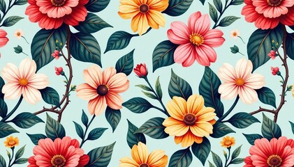 Delicate flower and leaf pattern, continuous floral print, elegant, design element, leaves