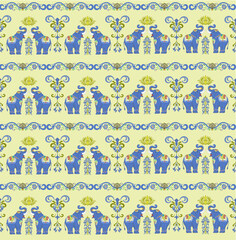 Damask flowers and animals seamless pattern with elephants for fabric and decorative design