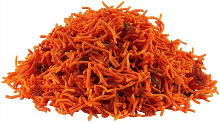 Fototapeta premium Close up of crispy fried snack strands forming vibrant mound of crunchy savory goodness