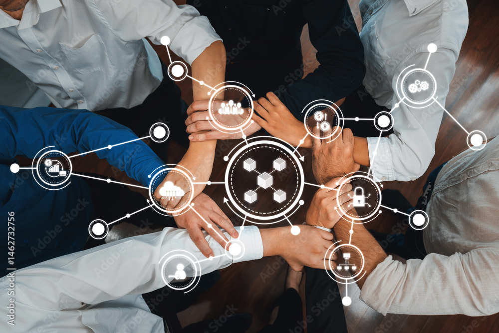 Fototapete a visual representation of teamwork and collaboration, showing diverse hands united in a circular fo