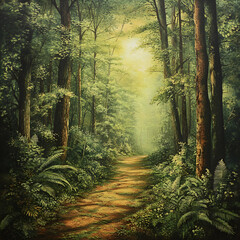 Fototapeta premium Tranquil Woodland Pathway: A Journey Through Nature's Serene Beauty Illuminated by Sunlit Leaves
