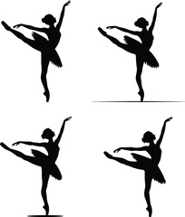 Set of Ballerina Silhouette in Arabesque Pose – Full Body Graceful Vector with Tutu on White Background