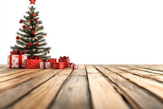 Christmas tree with gifts on a wooden floor.  A festive Christmas scene with a decorated tree and presents sits on a wooden floor against a white background