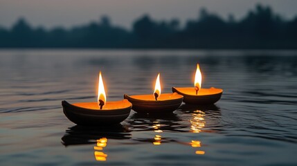 Floating candles tranquil night scene with warm candlelight reflections