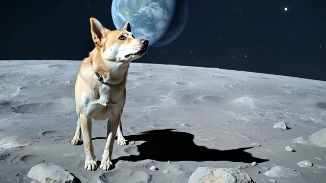 Dog explores the lunar surface with Earth visible in the background during a cosmic adventure