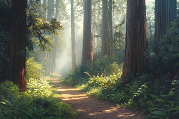 Obraz premium Tranquil Woodland Pathway: A Journey Through Nature's Serene Beauty Illuminated by Sunlit Leaves