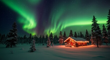 Winter Cabin Aurora Borealis - Cozy cabin glows under the magical Northern Lights display in a snowy forest. Perfect for winter wonderland, travel, and holiday themes