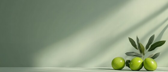 Green fruits with leaves on light green background minimalist still life photography