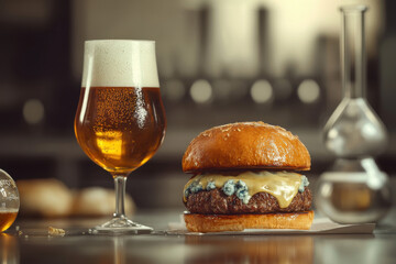 a tasty burger and a glass of beer in a pub