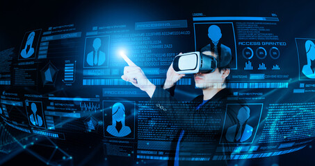 Manager wearing suit and VR glasses while accessing in security system. Business man connecting with global network and verify identity. Artificial intelligence. Technology innovation. Ingenuity.