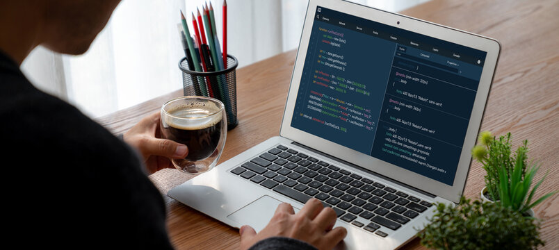 Software development programming on computer screen for modish application and program coding