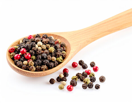 Wooden spoon with black, green, and red peppercorns. AI