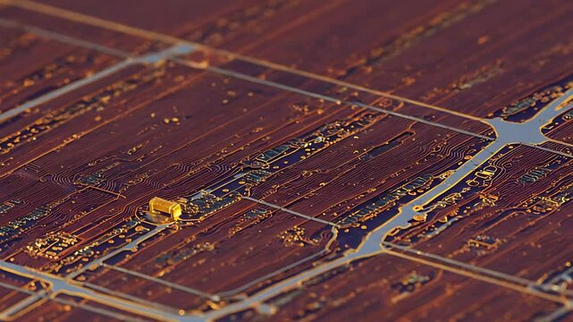 Aerial view of vast agricultural fields with intricate patterns and a single barn under golden sunlight