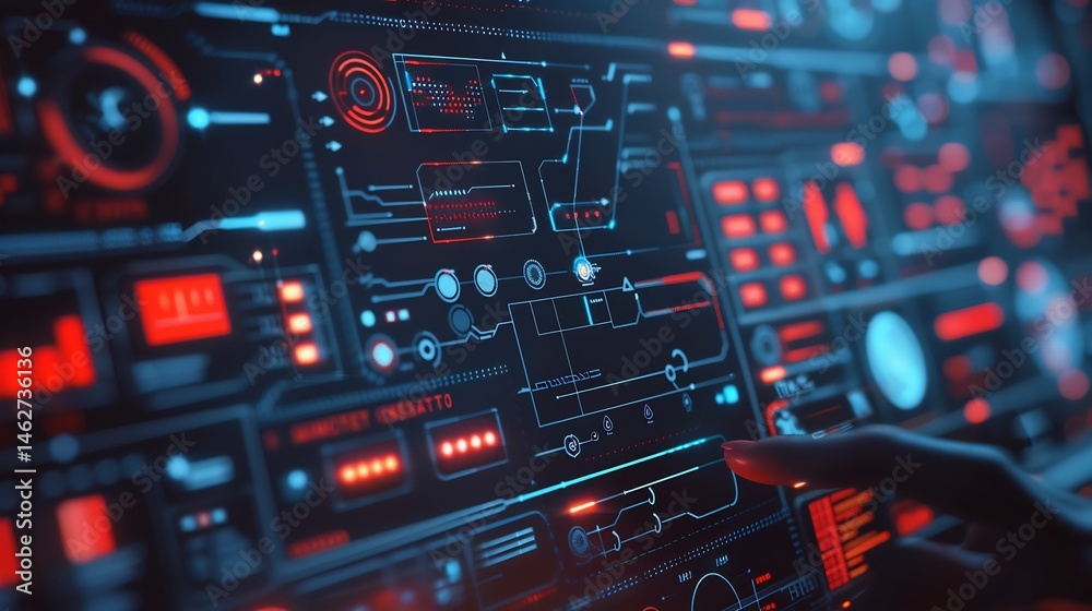 Poster futuristic interface control panel with glowing data displays and user interaction