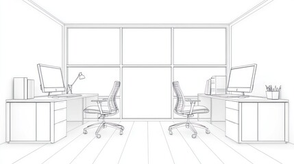 Modern office workspace wireframe illustration two workstations minimalist design interior