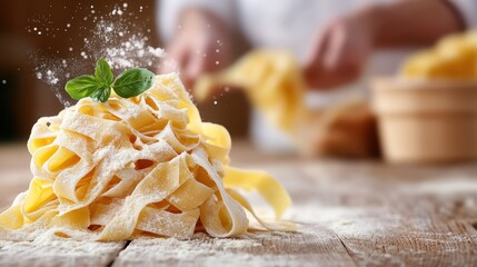 An artistic display of freshly made pasta with herbs, representing the rich flavors and tradition of Italian cuisine in an inviting cooking atmosphere.