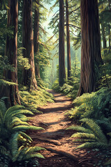 Tranquil Woodland Pathway: A Journey Through Nature's Serene Beauty Illuminated by Sunlit Leaves