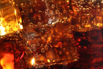 Refreshing cola with ice cubes as background, macro view