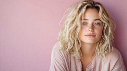 Fototapeta premium A portrait of a confident young woman with natural beauty and radiant skin, set against a soft pink backdrop emphasizing her vibrant personality.