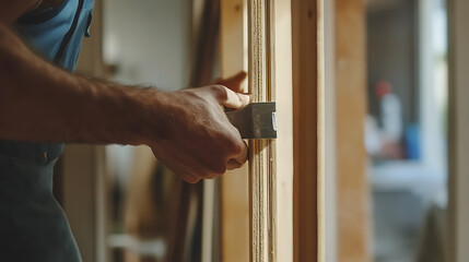 Carpenter Installing a Door Lock