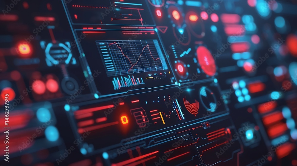 Poster futuristic graphical user interface with complex data visualization displays