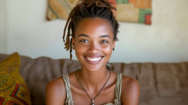 Joyful woman with dreadlocks smiling and relaxing on a couch in a relaxed living room setting