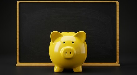 Yellow Piggy Bank and Blackboard - A yellow piggy bank sits in front of a blank blackboard, symbolizing savings and education