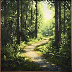 Obraz premium Tranquil Woodland Pathway: A Journey Through Nature's Serene Beauty Illuminated by Sunlit Leaves