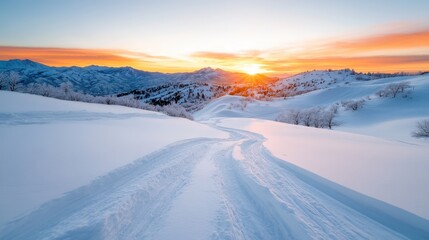 A breathtaking snowy landscape captured at sunset, blending the brilliant colors of the sky with the serene white snow, evoking feelings of tranquility and nature's beauty.