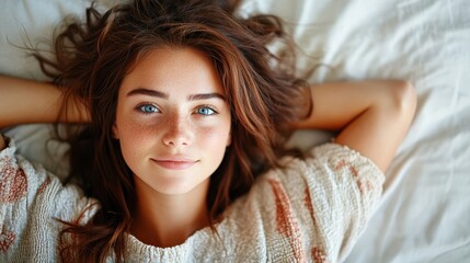 Fototapeta premium A serene young woman with beautiful blue eyes and freckled skin smiles gently while lying on a soft bed, showcasing a peaceful and cozy ambiance of comfort and relaxation.