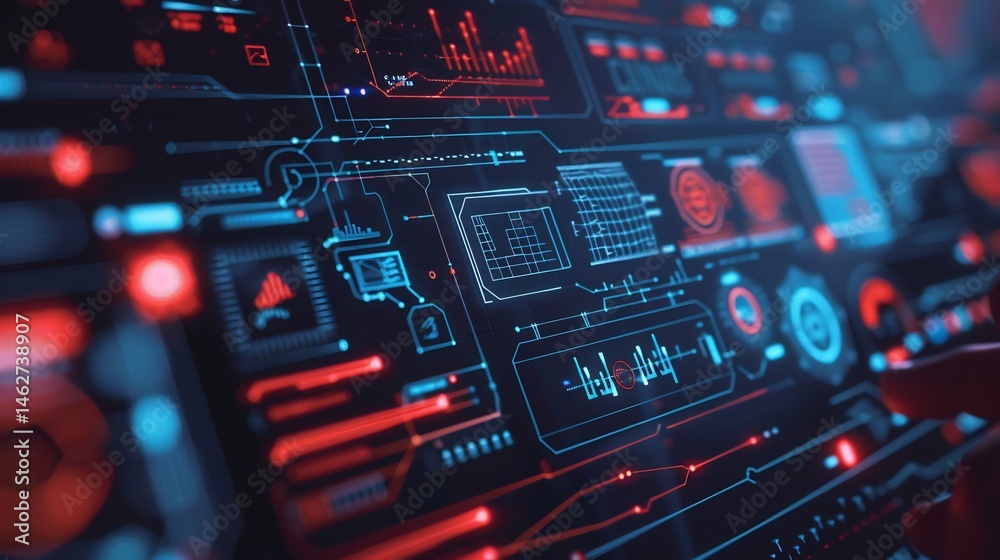 Poster futuristic display interface with digital diagrams and data visualization