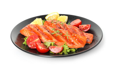 Tasty grilled salmon, lettuce, tomatoes and lemon isolated on white