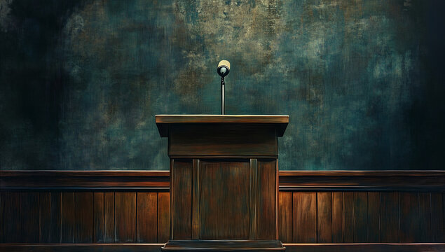 暗い背景のクラシックな演説台 / Classic podium with microphone on dark background